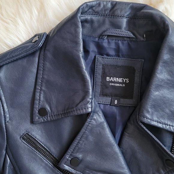Navy Barney's Originals Genuine Leather Biker Jacket Size 4 - Picture 2 of 10